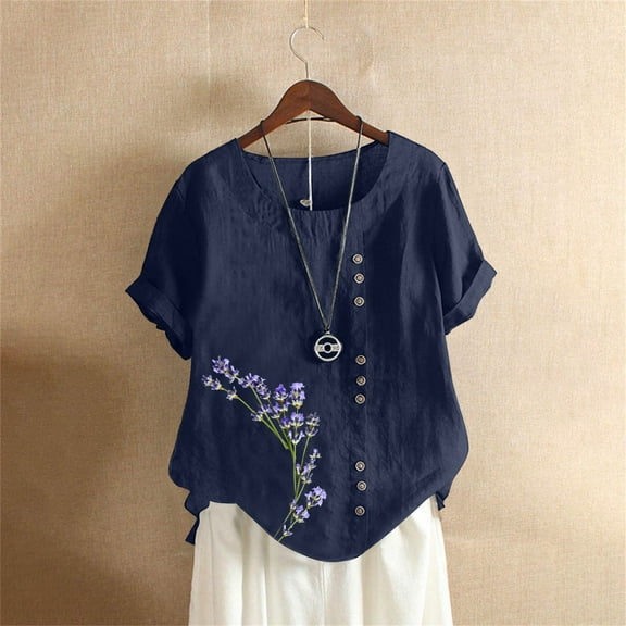 Bovemsi Women's Cotton Linen Shirts Short Sleeve Crewneck Blouse Casual Loose Fit T Shirt Tunic Tops for Summer, Blue Women's Summer Short Sleeve T-Shirts, S