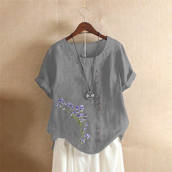 Bovemsi Women's Cotton Linen Shirts Short Sleeve Crewneck Blouse Casual Loose Fit T Shirt Tunic Tops for Summer, Gray Women's Summer Short Sleeve T-Shirts, XL