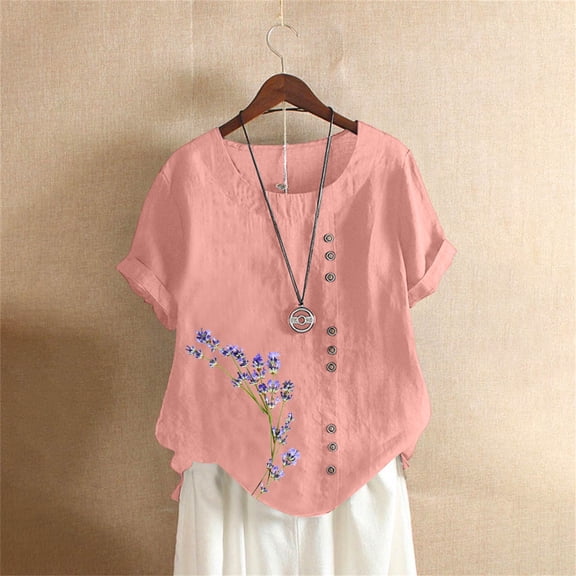 Bovemsi Women's Cotton Linen Shirts Short Sleeve Crewneck Blouse Casual Loose Fit T Shirt Tunic Tops for Summer, Pink Women's Summer Short Sleeve T-Shirts, L