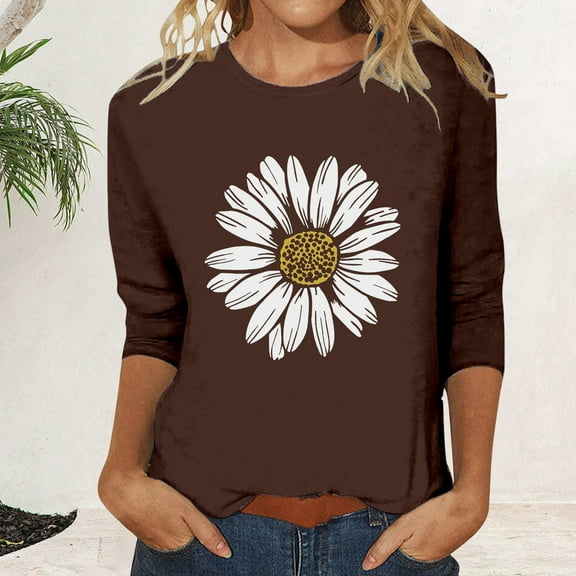 Bovemsi Women's Crew Neck Printed Seven Quarter Sleeve Casual T Shirt Top, Brown Women's Summer Short Sleeve T-Shirts, XXL