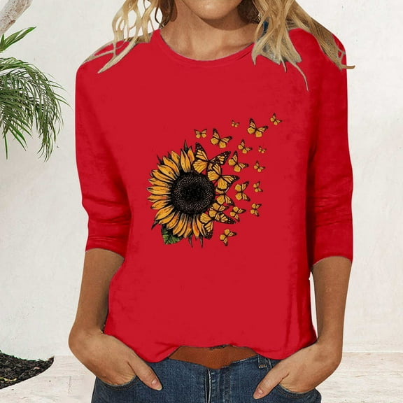 Bovemsi Women's Crew Neck Printed Seven Quarter Sleeve Casual T Shirt Top, Red Women's Summer Short Sleeve T-Shirts, S