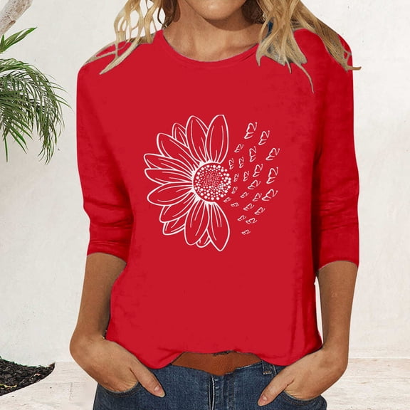 Bovemsi Women's Crew Neck Printed Seven Quarter Sleeve Casual T Shirt Top, Red Women's Summer Short Sleeve T-Shirts, XL