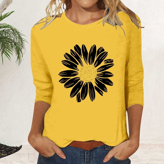 Bovemsi Women's Crew Neck Printed Seven Quarter Sleeve Casual T Shirt Top, Yellow Women's Summer Short Sleeve T-Shirts, S