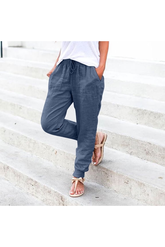Women's Elastic Waist Cotton-Polyester Casual Trousers - Loose Fit Pants with Side Pockets, Blue, M