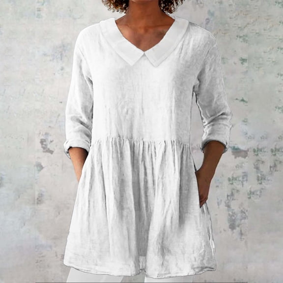 Bovemsi Women's Fashionable and Casual Solid Color Cotton Linen Doll Collar Long Sleeve Loose Top T Shirt, White Summer Women's Long Sleeve T-Shirts, XXL