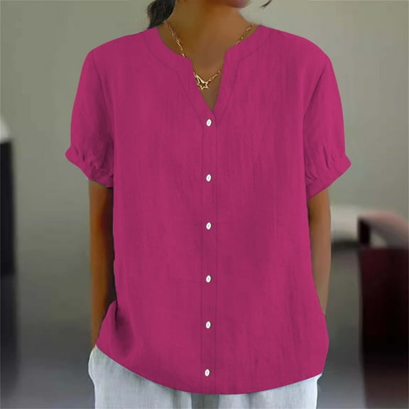Bovemsi Women's Fashionable Casual V Neck Short Sleeved Cotton and Linen Top Shirt, Pink Women's Summer Shirts, 3XL