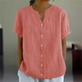 thumbnail image 1 of Bovemsi Women's Fashionable Casual V Neck Short Sleeved Cotton and Linen Top Shirt, Pink Women's Summer Shirts, S, 1 of 4