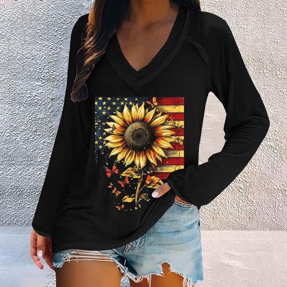 Bovemsi Women's Fashionable Casual V Neck Sunflower Print Long Sleeve Top T Shirt, Black Summer Women's Long Sleeve T-Shirts, S
