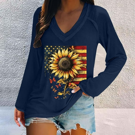 Bovemsi Women's Fashionable Casual V Neck Sunflower Print Long Sleeve Top T Shirt, Blue Summer Women's Long Sleeve T-Shirts, M