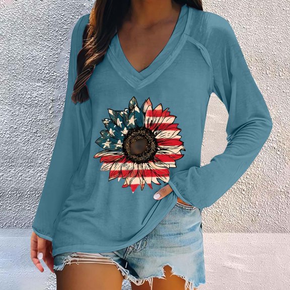 Bovemsi Women's Fashionable Casual V Neck Sunflower Print Long Sleeve Top T Shirt, Blue Summer Women's Long Sleeve T-Shirts, S
