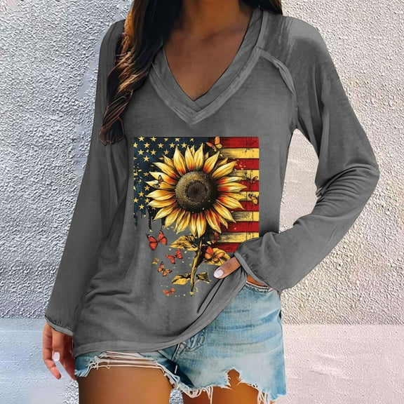 Bovemsi Women's Fashionable Casual V Neck Sunflower Print Long Sleeve Top T Shirt, Gray Summer Women's Long Sleeve T-Shirts, XL