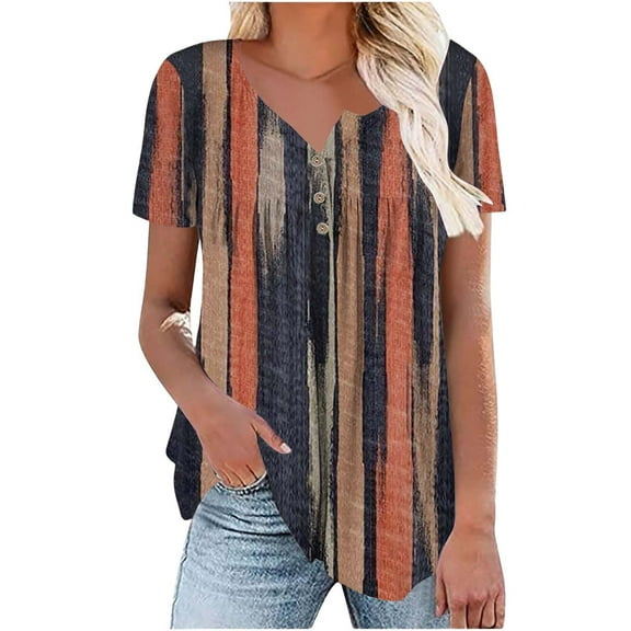 Bovemsi Women's Fashionable and Casual Floral Print V Neck Wrinkled Short Sleeve Top T Shirt, Orange Women's Summer Short Sleeve T-Shirts, L