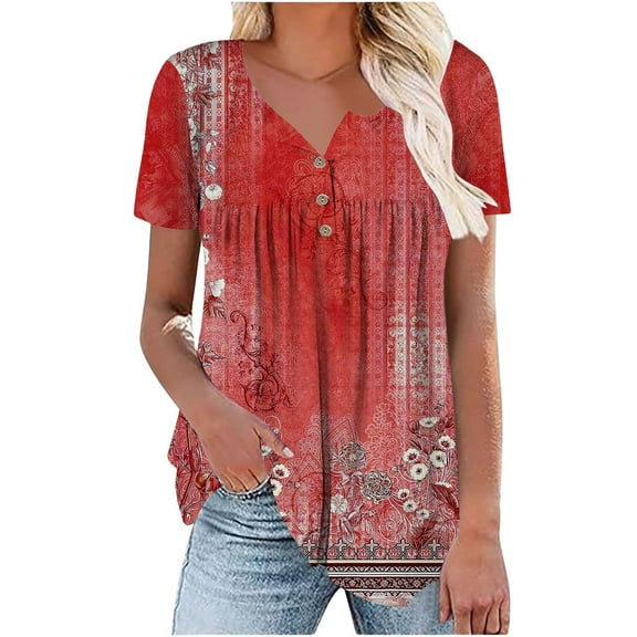 Bovemsi Women's Fashionable and Casual Floral Print V Neck Wrinkled Short Sleeve Top T Shirt, Red Women's Summer Short Sleeve T-Shirts, L