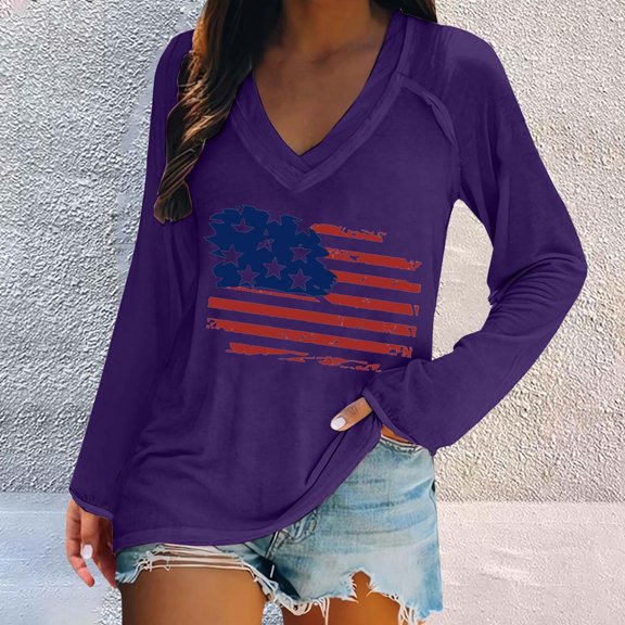 Bovemsi Women's Fashionable and Casual V Neck Retro Printed Long Sleeve Top T Shirt, Purple Summer Women's Long Sleeve T-Shirts, 4XL