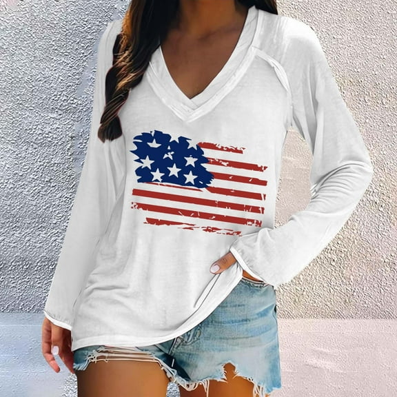 Bovemsi Women's Fashionable and Casual V Neck Retro Printed Long Sleeve Top T Shirt, White Summer Women's Long Sleeve T-Shirts, S