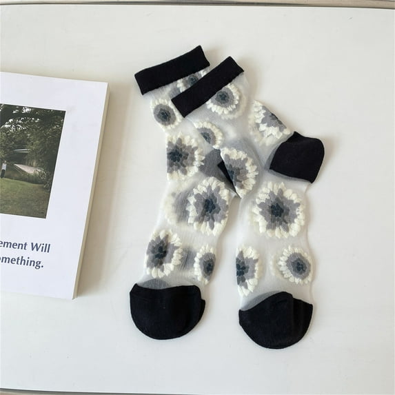 Bovemsi Women's Floral Sheer Mesh Crew Socks – Transparent Crystal Dress Socks with Large Flower Design, Black, One Size