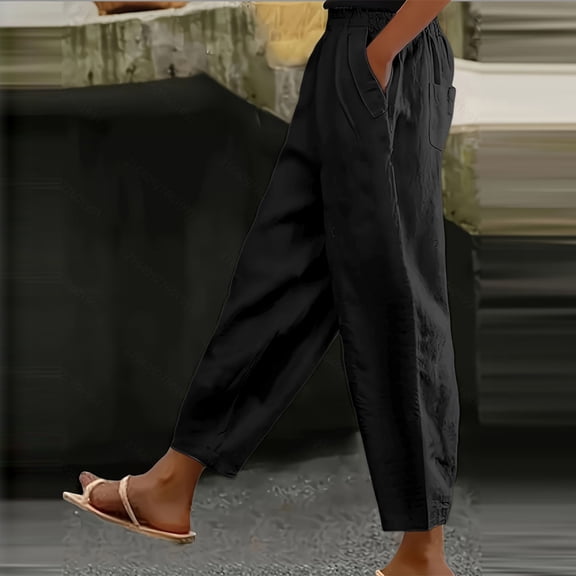 Bovemsi Women's High Waist Cotton-Linen Slim Fit Long Pants - Solid Color Casual Trousers with Side Pockets, Black, 3XL