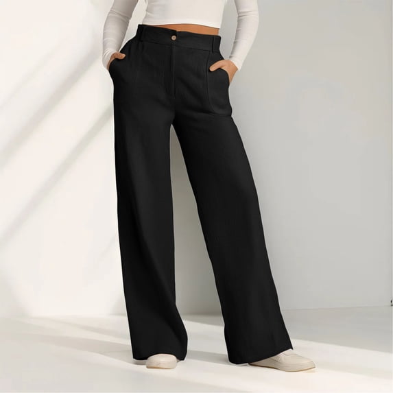 Bovemsi Women's High Waist Cotton-Linen Wide Leg Pants - Button-Down Loose Trousers with Outer Pockets, Black, L
