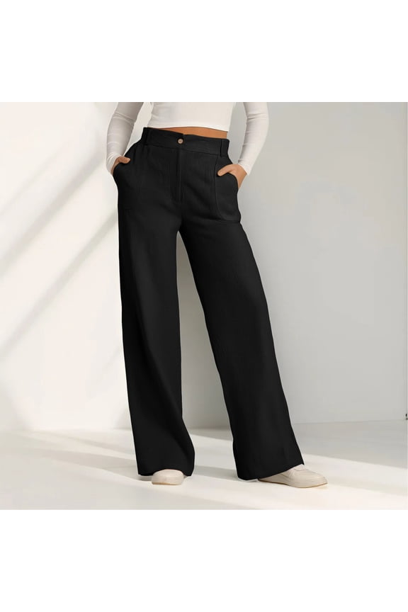 Women's High Waist Cotton-Linen Wide Leg Pants - Button-Down Loose Trousers with Outer Pockets, Black, L