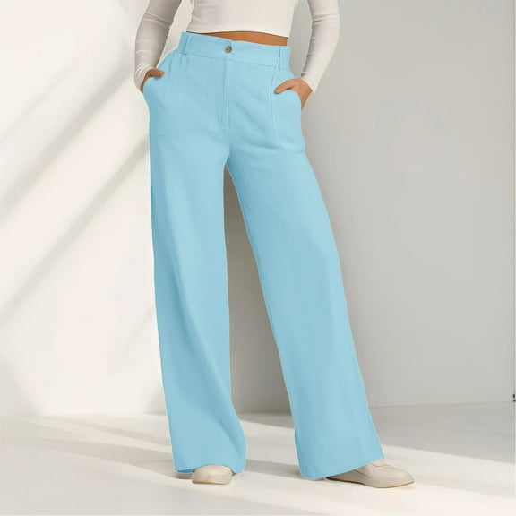 Bovemsi Women's High Waist Cotton-Linen Wide Leg Pants - Button-Down Loose Trousers with Outer Pockets, Blue, S