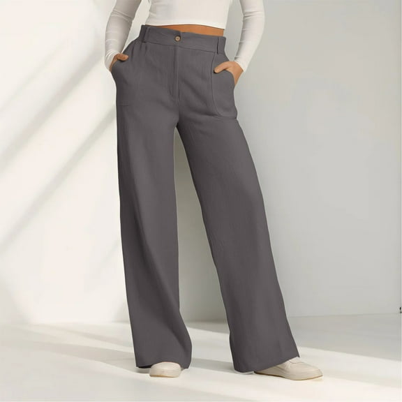Bovemsi Women's High Waist Cotton-Linen Wide Leg Pants - Button-Down Loose Trousers with Outer Pockets, Gray, S