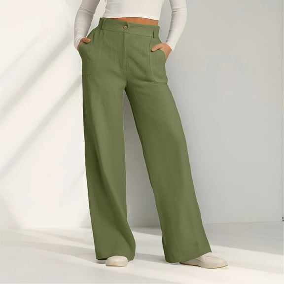 Bovemsi Women's High Waist Cotton-Linen Wide Leg Pants - Button-Down Loose Trousers with Outer Pockets, Green, S
