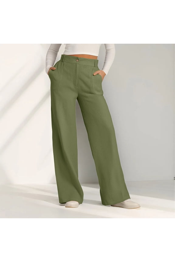 Women's High Waist Cotton-Linen Wide Leg Pants - Button-Down Loose Trousers with Outer Pockets, Green, XXL