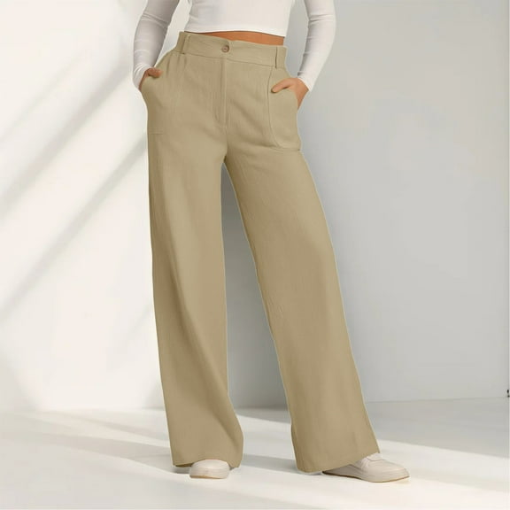Bovemsi Women's High Waist Cotton-Linen Wide Leg Pants - Button-Down Loose Trousers with Outer Pockets, Yellow, S