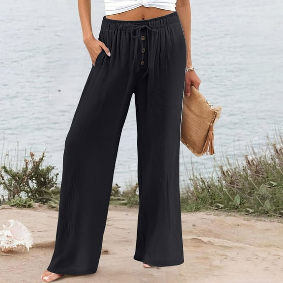 Bovemsi Women's High Waist Washer Linen-Cotton Wide Leg Pants - Elastic Waist Casual Beach Trousers with Button Detail, Black, L