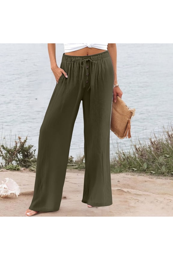 Women's High Waist Washer Linen-Cotton Wide Leg Pants - Elastic Waist Casual Beach Trousers with Button Detail, Bronze, XXL