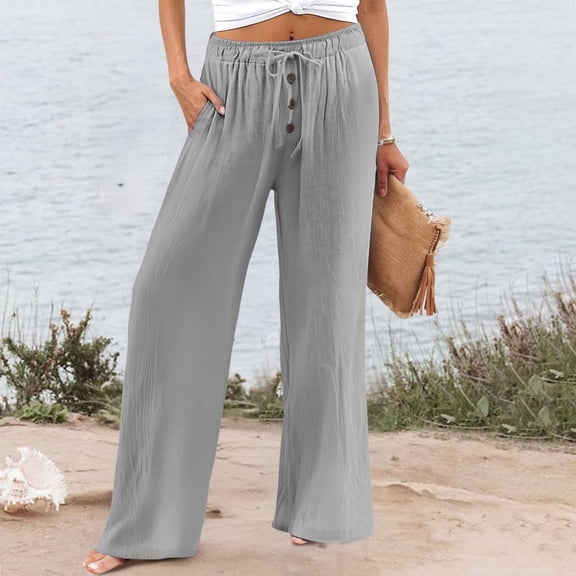 Bovemsi Women's High Waist Washer Linen-Cotton Wide Leg Pants - Elastic Waist Casual Beach Trousers with Button Detail, Gray, S