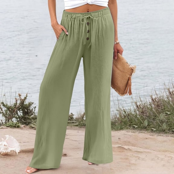 Bovemsi Women's High Waist Washer Linen-Cotton Wide Leg Pants - Elastic Waist Casual Beach Trousers with Button Detail, Green, S