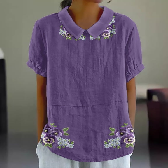 Bovemsi Women's Imitation Linen Lapel Floral Print Loose Pullover Top - Round Neck Button Casual Shirt for All Seasons, Camouflage, L