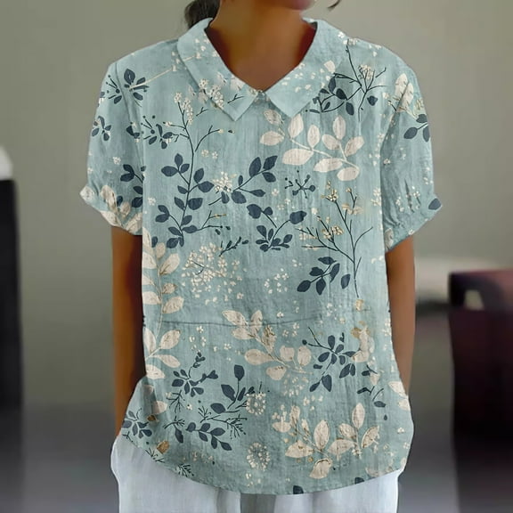 Bovemsi Women's Imitation Linen Lapel Floral Print Loose Pullover Top - Round Neck Button Casual Shirt for All Seasons, Light Blue, XXL