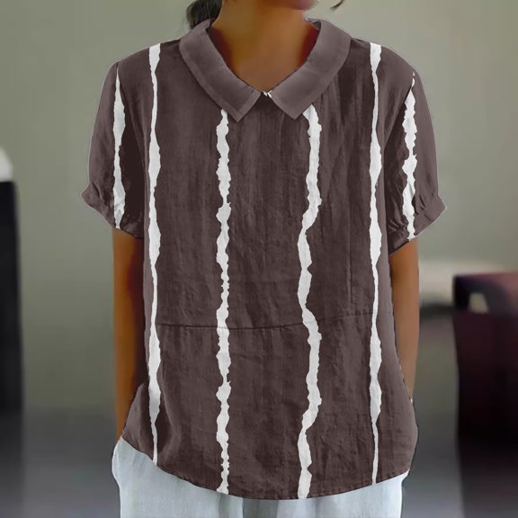 Bovemsi Women's Imitation Linen Striped Pullover Top - Round Neck Button Loose Shirt - Casual Spring-Autumn Blouse, Coffee, XL