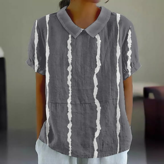 Bovemsi Women's Imitation Linen Striped Pullover Top - Round Neck Button Loose Shirt - Casual Spring-Autumn Blouse, Grey, S