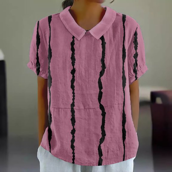 Bovemsi Women's Imitation Linen Striped Pullover Top - Round Neck Button Loose Shirt - Casual Spring-Autumn Blouse, Hot Pink, M
