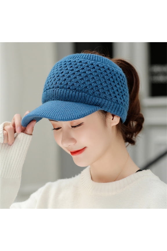 Women's Knitted Visor Beanie Hat – Warm Winter Wool Cap with Adjustable Strap, Blue, One Size