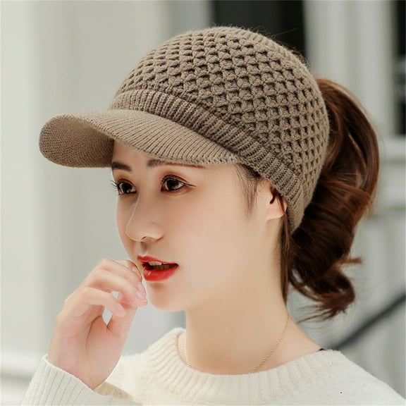 Bovemsi Women's Knitted Visor Beanie Hat – Warm Winter Wool Cap with Adjustable Strap, Brown, One Size