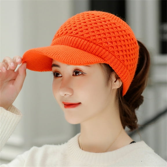 Bovemsi Women's Knitted Visor Beanie Hat – Warm Winter Wool Cap with Adjustable Strap, Orange, One Size