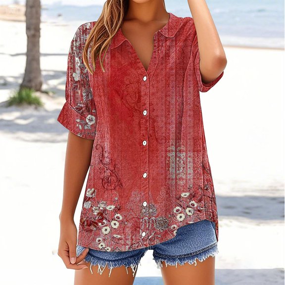 Bovemsi Women's Lapel Collar Linen Blend Long Sleeve Shirt - Solid Color Casual Blouse for Fall - Loose Fit with Side Splits, Red, L