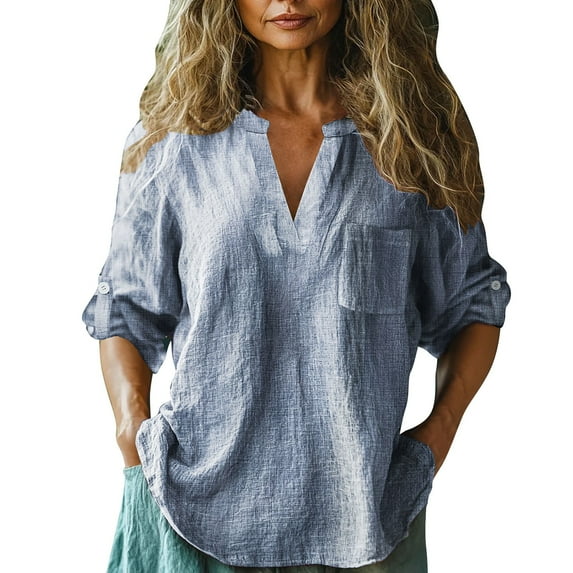 Bovemsi Women's Long Sleeve Tops Baggy Cotton Linen Stylish Print Blouse Plus Size V Neck T Shirt Long Sleeve Blouse