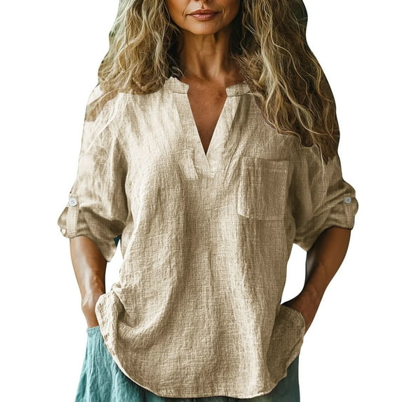 Bovemsi Women's Long Sleeve Tops Baggy Cotton Linen Stylish Print Blouse Plus Size V Neck T Shirt Long Sleeve Blouse