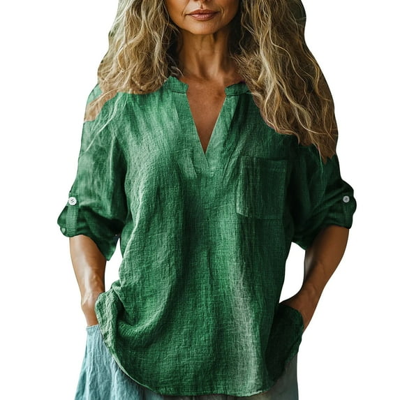 Bovemsi Women's Long Sleeve Tops Baggy Cotton Linen Stylish Print Blouse Plus Size V Neck T Shirt Long Sleeve Blouse