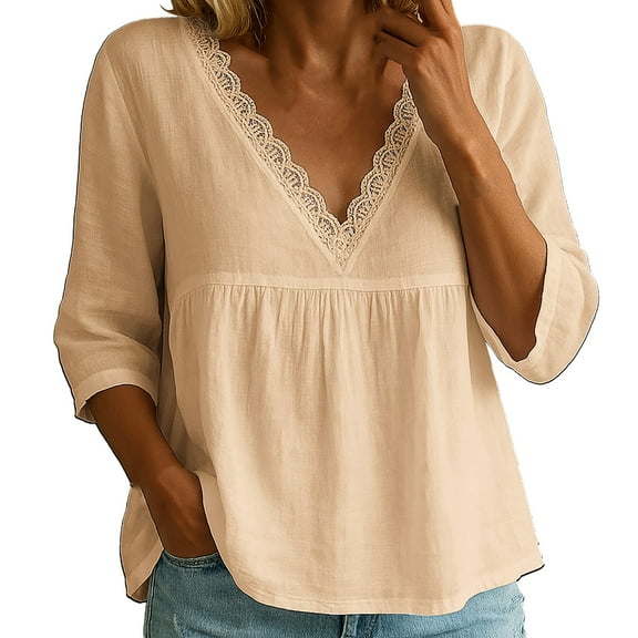 Bovemsi Women's Long Sleeve Tops Casual 7 Quarter Lace V Neck Pullover Multi Color shirt Long Sleeve Blouse