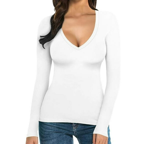 Bovemsi Women's Long Sleeve Tops Deep V Neck Shirts Sexy Slim T Shirt Long Sleeve Blouse