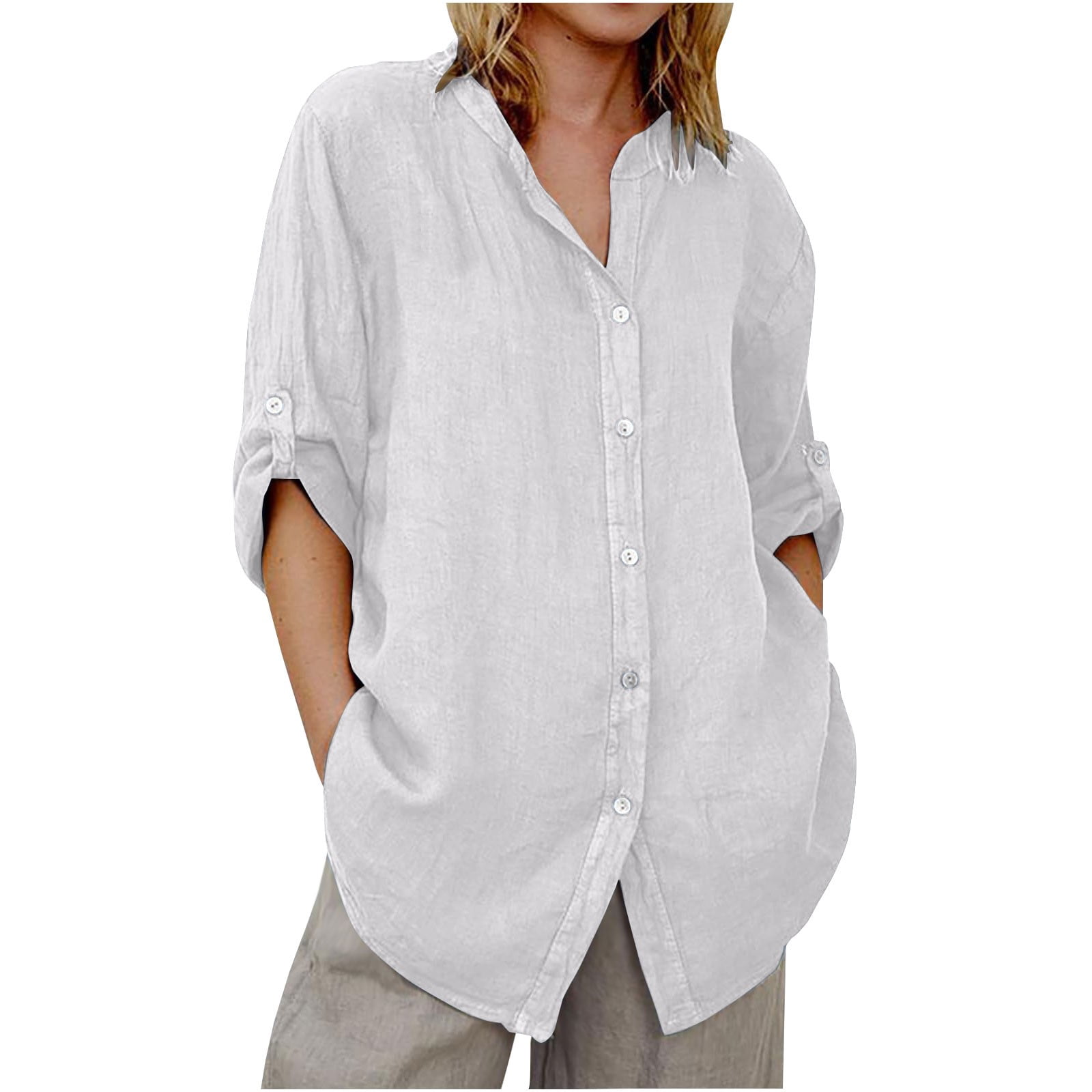 Bovemsi Women's Long Sleeve Tops Linen Button Down Shirts Dress Shirt ...