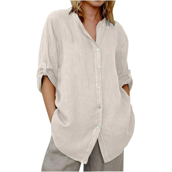 Bovemsi Women's Long Sleeve Tops Linen Button Down Shirts Dress Shirt Casual Collared Cotton Up Oversized Blouses Long Sleeve Blouse