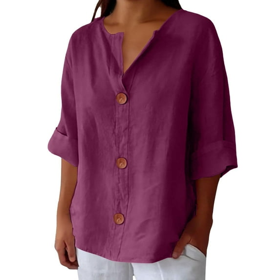 Bovemsi Women's Long Sleeve Tops Linen Shirts Summer Cotton V Neck 3/4 Loose Vacation Beach Solid Blouses Tunic Long Sleeve Blouse
