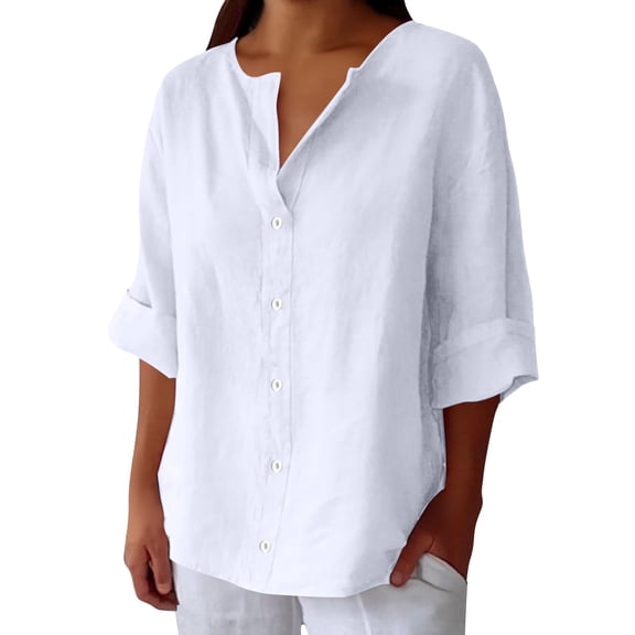 Bovemsi Women's Long Sleeve Tops Linen Shirts Summer Cotton V Neck 3/4 Loose Vacation Beach Solid Blouses Tunic Long Sleeve Blouse